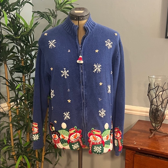 Tiara International Blue Christmas Snowman Zip Front Christmas Sweater Women's M - Picture 1 of 10